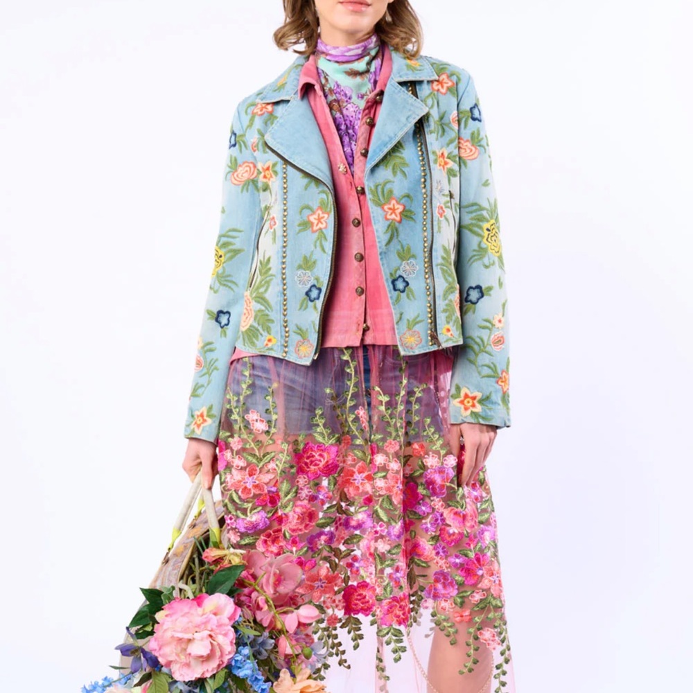 🆕 ARATTA LUCINDA EMBROIDERED DENIM JACKET Light Blue Denim Floral Embroider